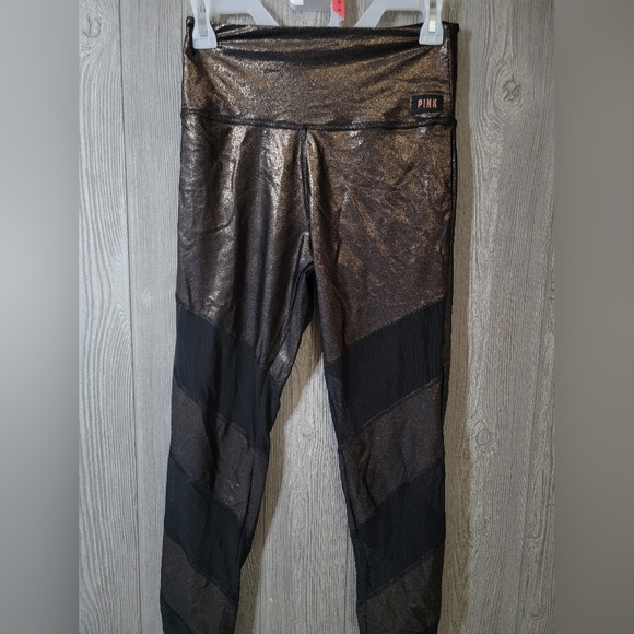 PINK Victoria's Secret Metallic Rose Gold And Sheer Black Leggings - Picture 1 of 5